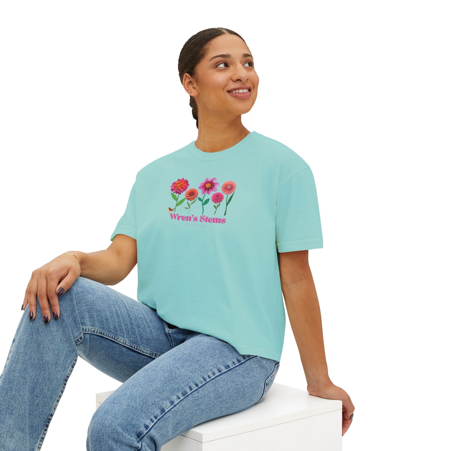 Floral Women's Boxy Tee - Wren's Stems Dahlia Tee
