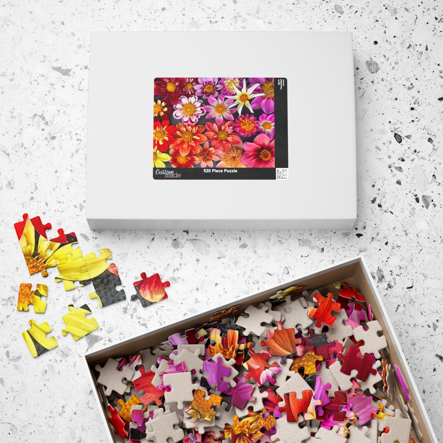 Floral Burst Jigsaw Puzzle — Colorful Dahlia Flatlay Collage, 110–520 Piece