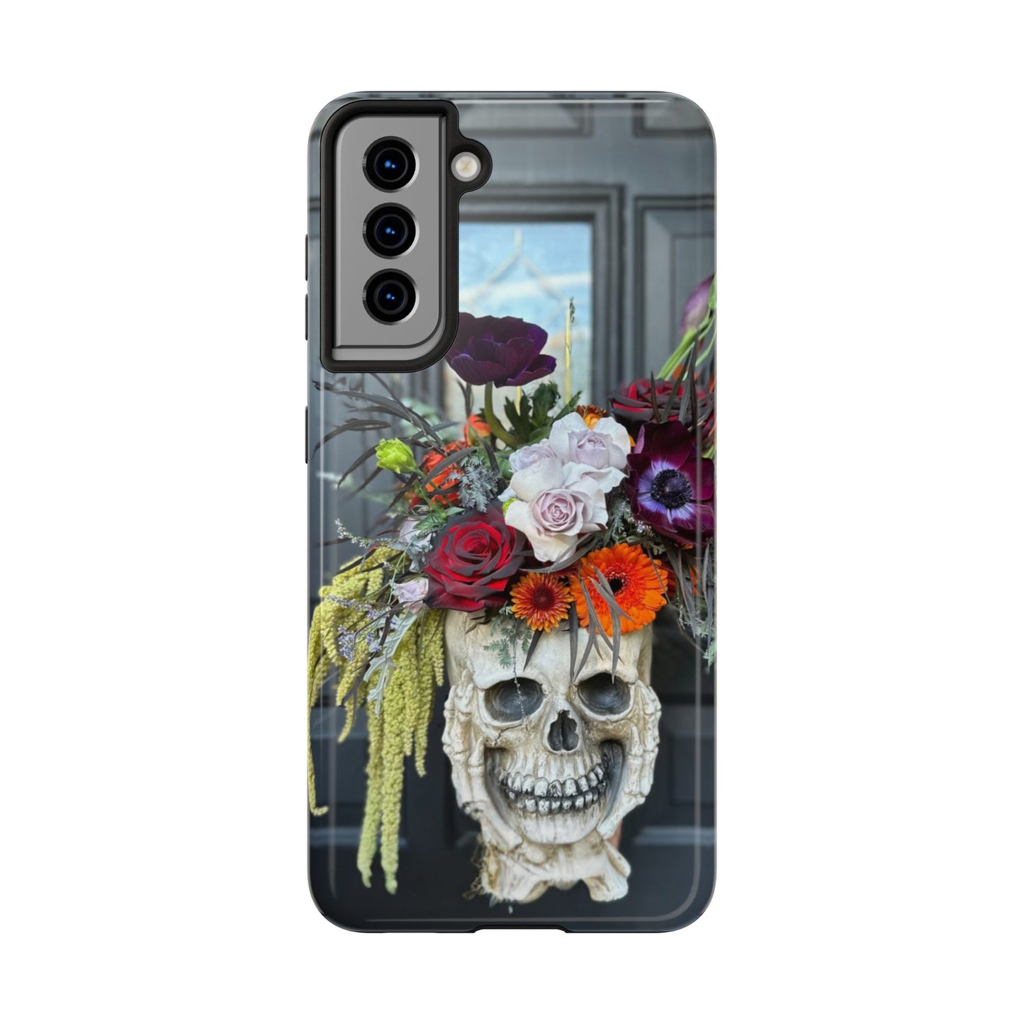 Floral Skull Tough Phone Case - Durable Protection with Pink Dahlia Design