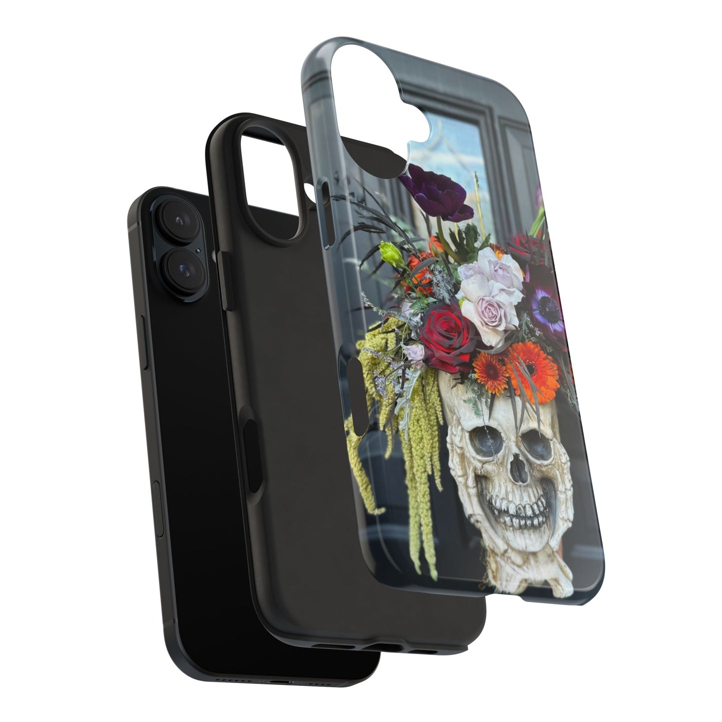 Floral Skull Tough Phone Case - Durable Protection with Pink Dahlia Design