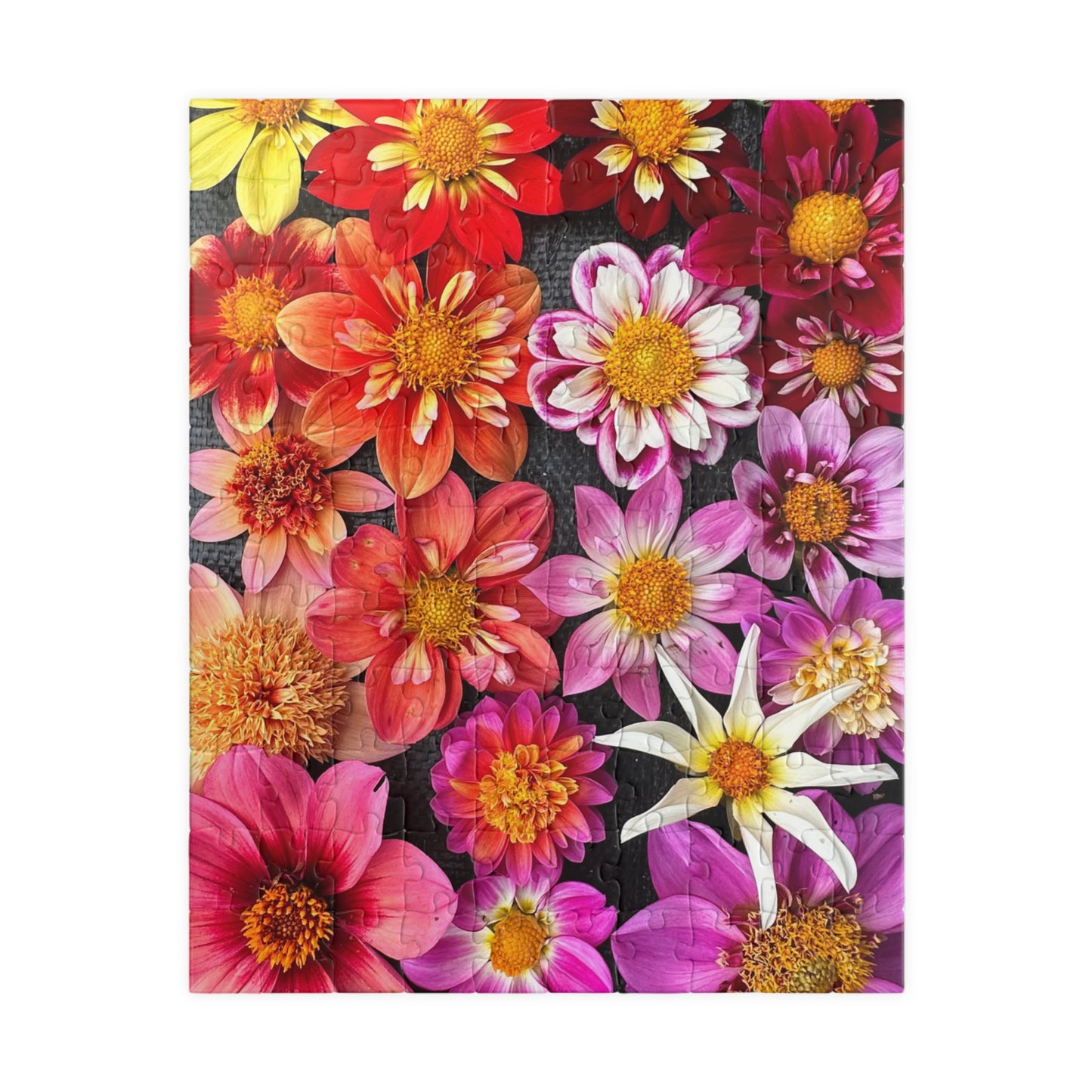 Floral Burst Jigsaw Puzzle — Colorful Dahlia Flatlay Collage, 110–520 Piece
