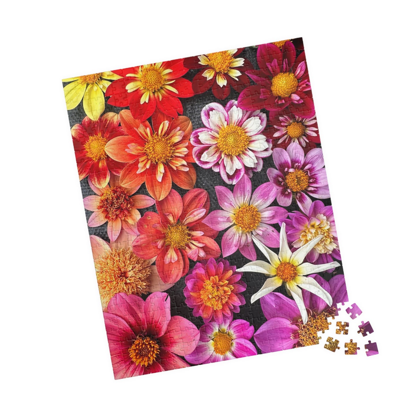 Floral Burst Jigsaw Puzzle — Colorful Dahlia Flatlay Collage, 110–520 Piece