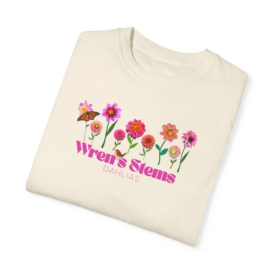 Dahlia Floral Garden T-Shirt for Nature Lovers, Gift for Her, Spring Style, Wren's Stems Dahlias, Summer Vibe