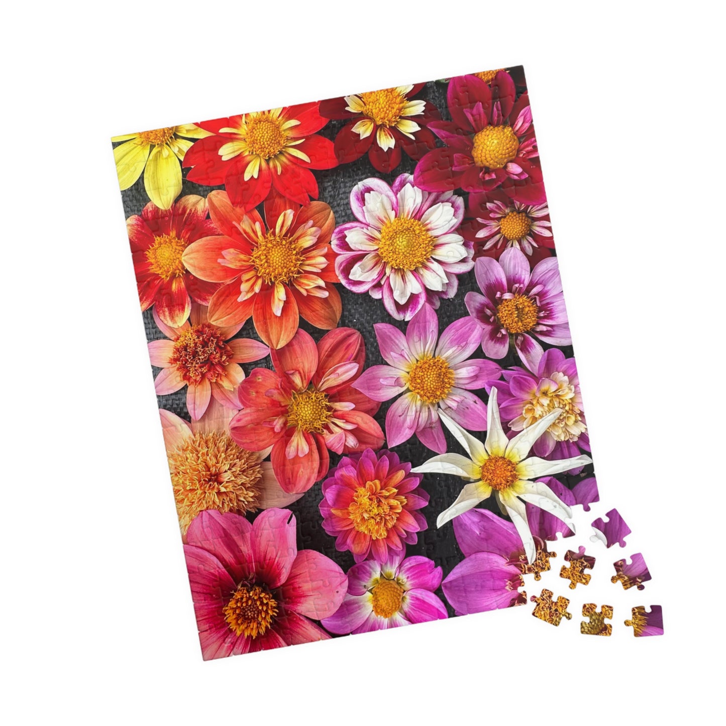 Floral Burst Jigsaw Puzzle — Colorful Dahlia Flatlay Collage, 110–520 Piece
