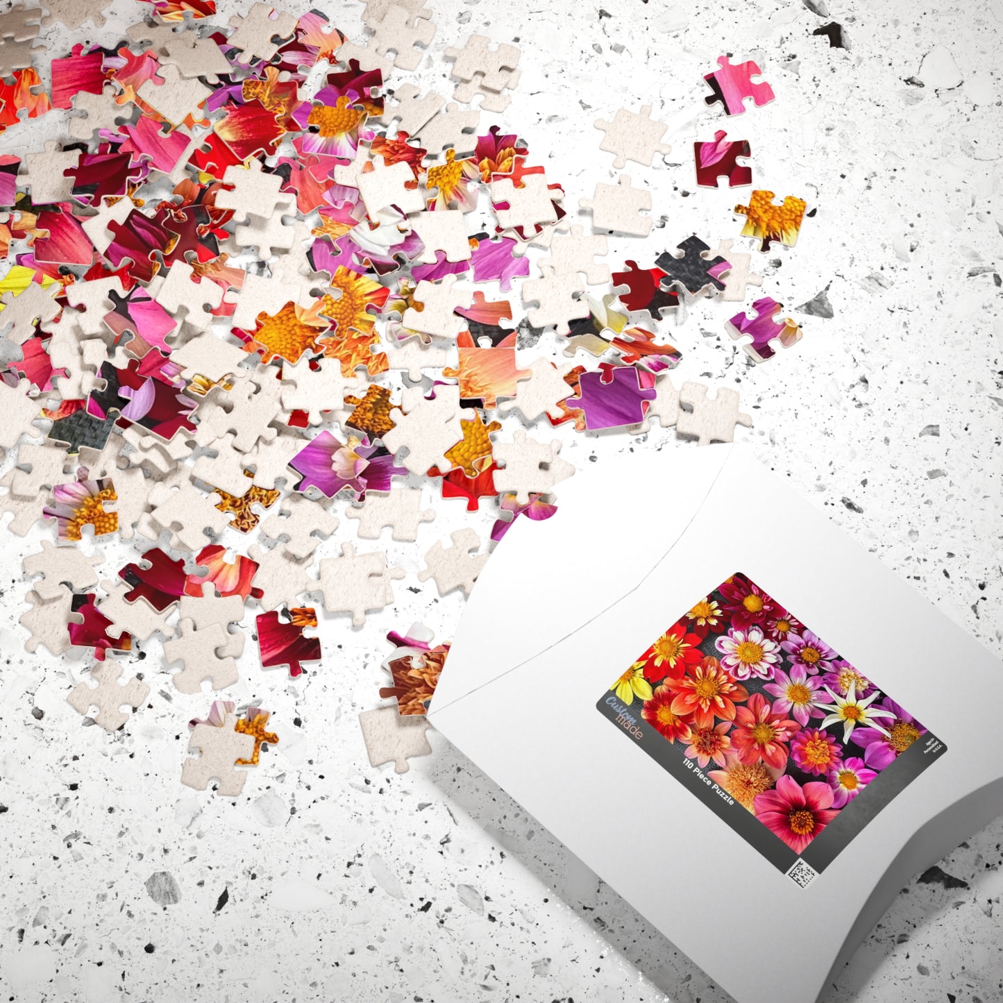 Floral Burst Jigsaw Puzzle — Colorful Dahlia Flatlay Collage, 110–520 Piece