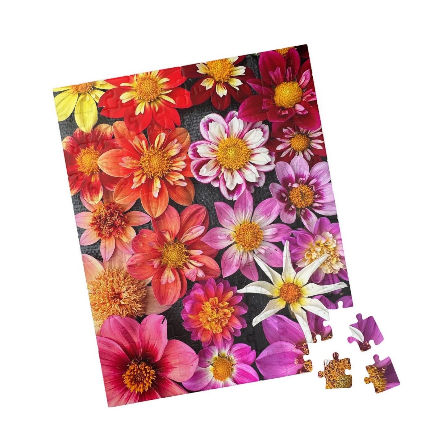 Floral Burst Jigsaw Puzzle — Colorful Dahlia Flatlay Collage, 110–520 Piece