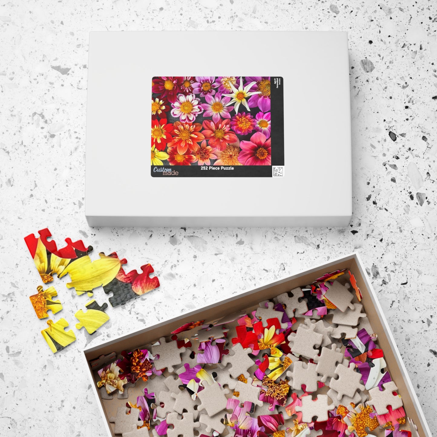 Floral Burst Jigsaw Puzzle — Colorful Dahlia Flatlay Collage, 110–520 Piece
